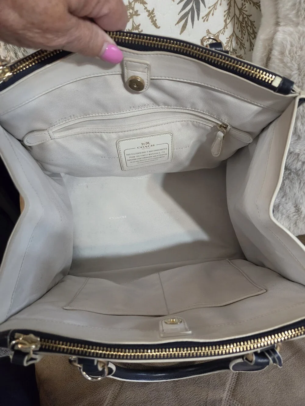 Coach Retired Crosby Navy Leather Satchel with Cream Trim and Gold Hardware